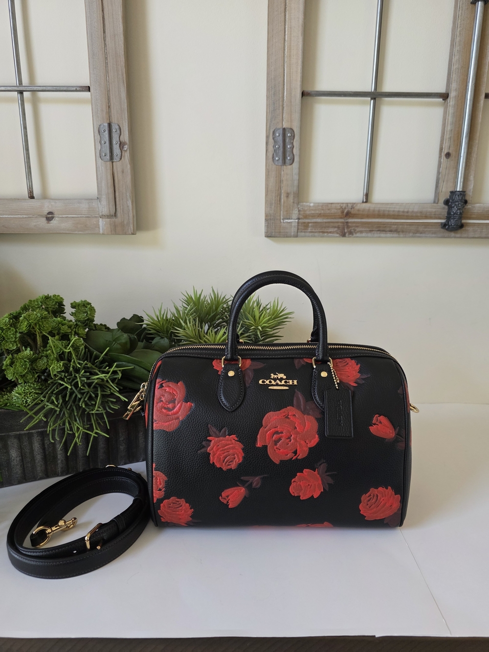 Coach Rowan Rose Print Large Satchel Crossbody Red Floral New Without Tags - Picture 3 of 15